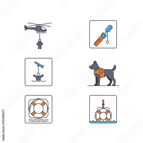 Rescue icons helicopter hoist, lifeguard with dog, and lifebuoy in water