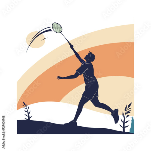 Dynamic Male Badminton Player Executing Powerful Smash with Sunset Background - Stylized Silhouette Illustration