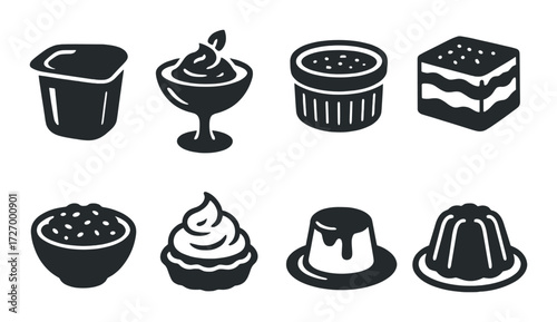 Silhouette icons of various desserts on dark background