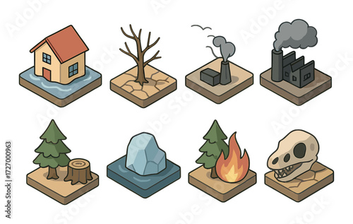 Isometric environmental icons featuring nature and industrial elements