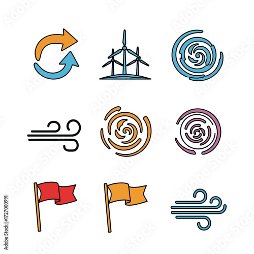 A dynamic collection of wind-related icons, featuring swirling air currents, renewable energy turbines, and weather symbols with a brisk, whisking motion