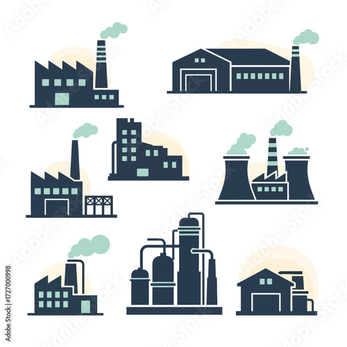 Vector illustration set of industrial building icons, featuring various factory, power plant, and warehouse silhouettes for manufacturing themes