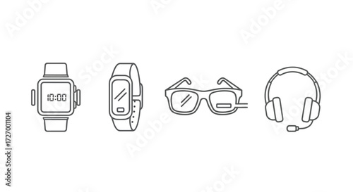 Collection of modern electronic gadgets including a smartwatch, fitness tracker, smart glasses, and headphones with microphone for communication