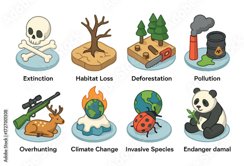 Environmental threat icons highlighting extinction and climate change