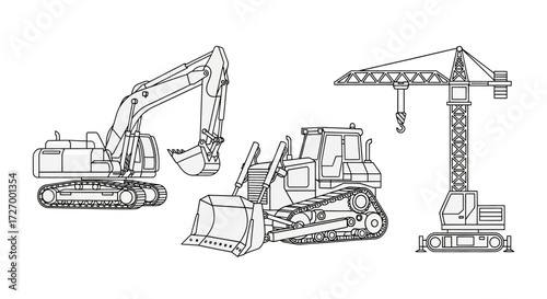 Outline illustrations of heavy construction machinery an excavator, bulldozer, and tower crane, showcasing essential equipment for civil engineering and building projects