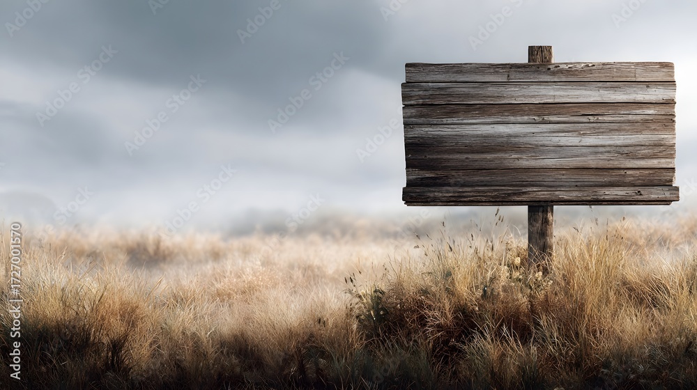 Naklejka premium An empty weathered wooden signpost stands in a field of dry golden grass under a cloudy atmospheric sky