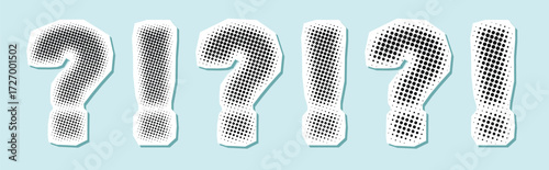Halftone question mark and exclamation mark trendy collage vector design elements collection in pastel colors