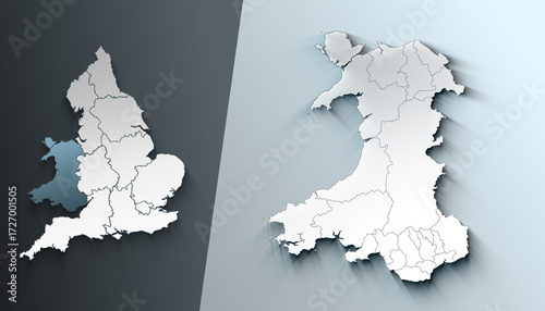 Minimalist 3D Map of Wales England County with District Borders