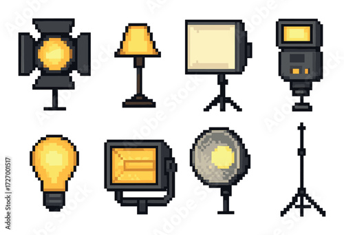 Set of pixel art lighting fixtures on yellow background