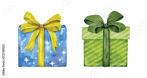 Watercolor Holiday Gift Boxes with Ribbons