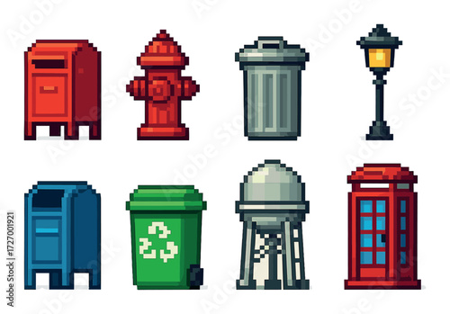 Retro pixel art: urban objects including mailbox, fire hydrant, and lamp post