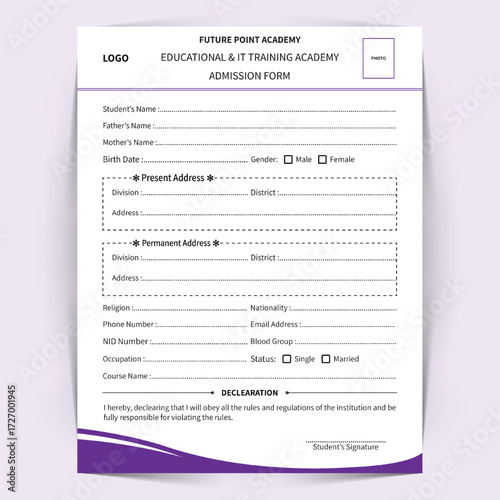 Admission Form Template Design, Academic Admission Form Template Vector. 