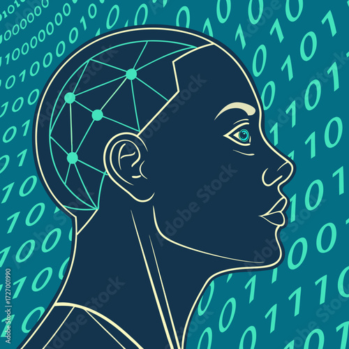 Artificial intelligence concept with human head and binary code background