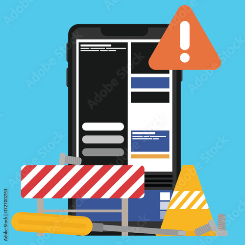 Smartphone mobile screen on maintenance repair service with red exclamation mark.