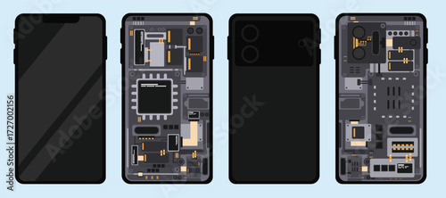 Smartphone disassembled electronic circuit parts component in flat design.