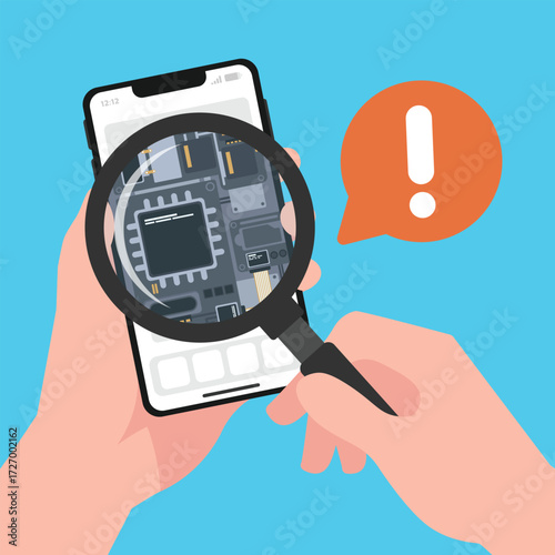 Hand holding smartphone with magnifying glass see through to circuit inside.