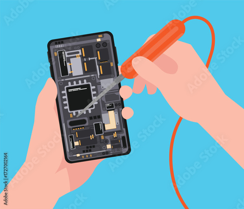 Hand holding smartphone and using soldering iron to repairing circuit parts.