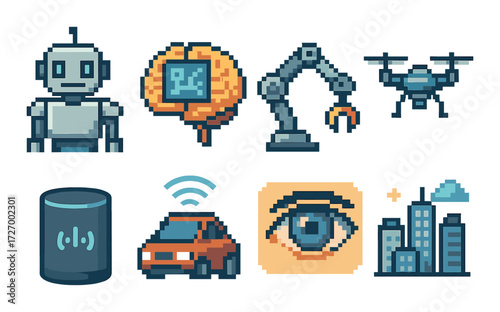 Retro pixel art icons of robotics ai and smart city technology