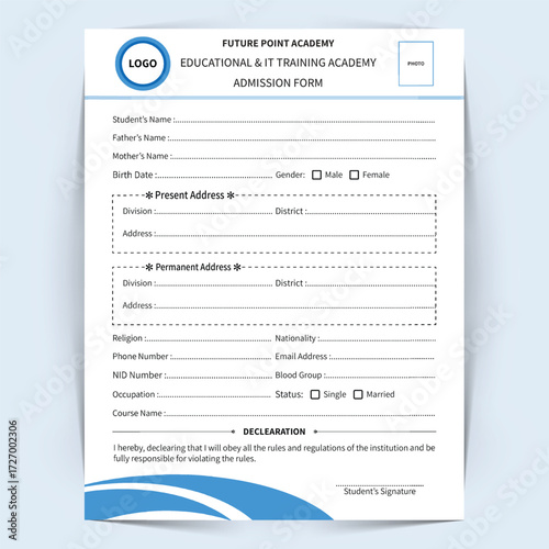 Clean Admission Form Layout Design, Admission Form Template Design.