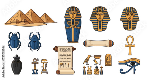 Egyptian Culture and Symbols Pyramids, Scarabs, Hieroglyphs, and Eye of Horus Illustration