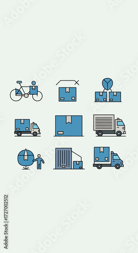 Various delivery and transport icons including trucks, boxes, and other related objects