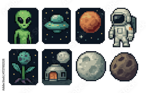 Pixel art space icons: alien, ufo, planets, astronaut, and moon scenes