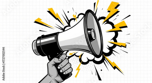 Trendy Halftone Collage Social media news. Hand holding Megaphone with announce information. Propaganda and fake news. Sale and marketing promotions. Contemporary vector illustration art