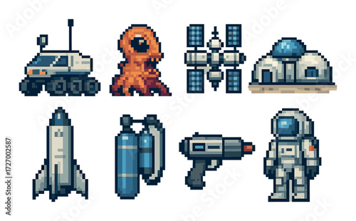 Pixel art space adventure: rover, alien, station, habitat, shuttle, oxygen, blaster, astronaut