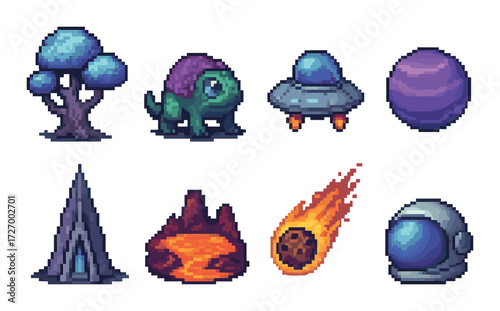 Pixel art icons: alien, spaceship, meteor, astronaut, tree, planet, volcano