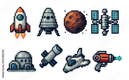 Pixel art space exploration icons: rocket, mars, satellite, spaceship, laser