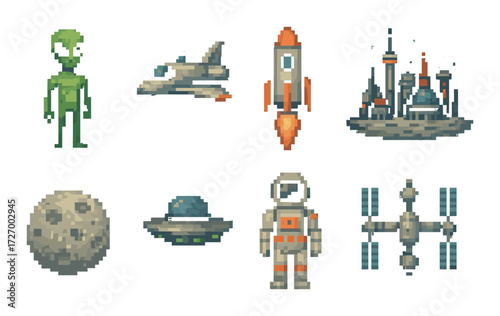 Pixel art space adventure: alien, spaceship, rocket, moon, astronaut, space station