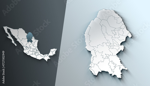 Minimalist 3D Map of Coahuila Mexico State with District Borders
