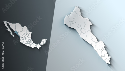 Minimalist 3D Map of Sinaloa Mexico State with District Borders