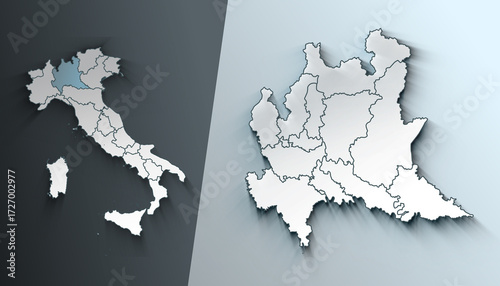 Minimalist 3D Map of Lombardy Italy Region with District Borders