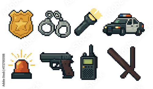 Pixel art police equipment icons: badge, handcuffs, flashlight, patrol car, siren, gun, radio, baton