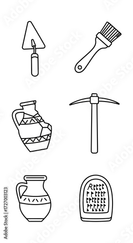 Set of line art icons representing archaeology, featuring excavation tools and ancient historical artifacts like pottery and tablets