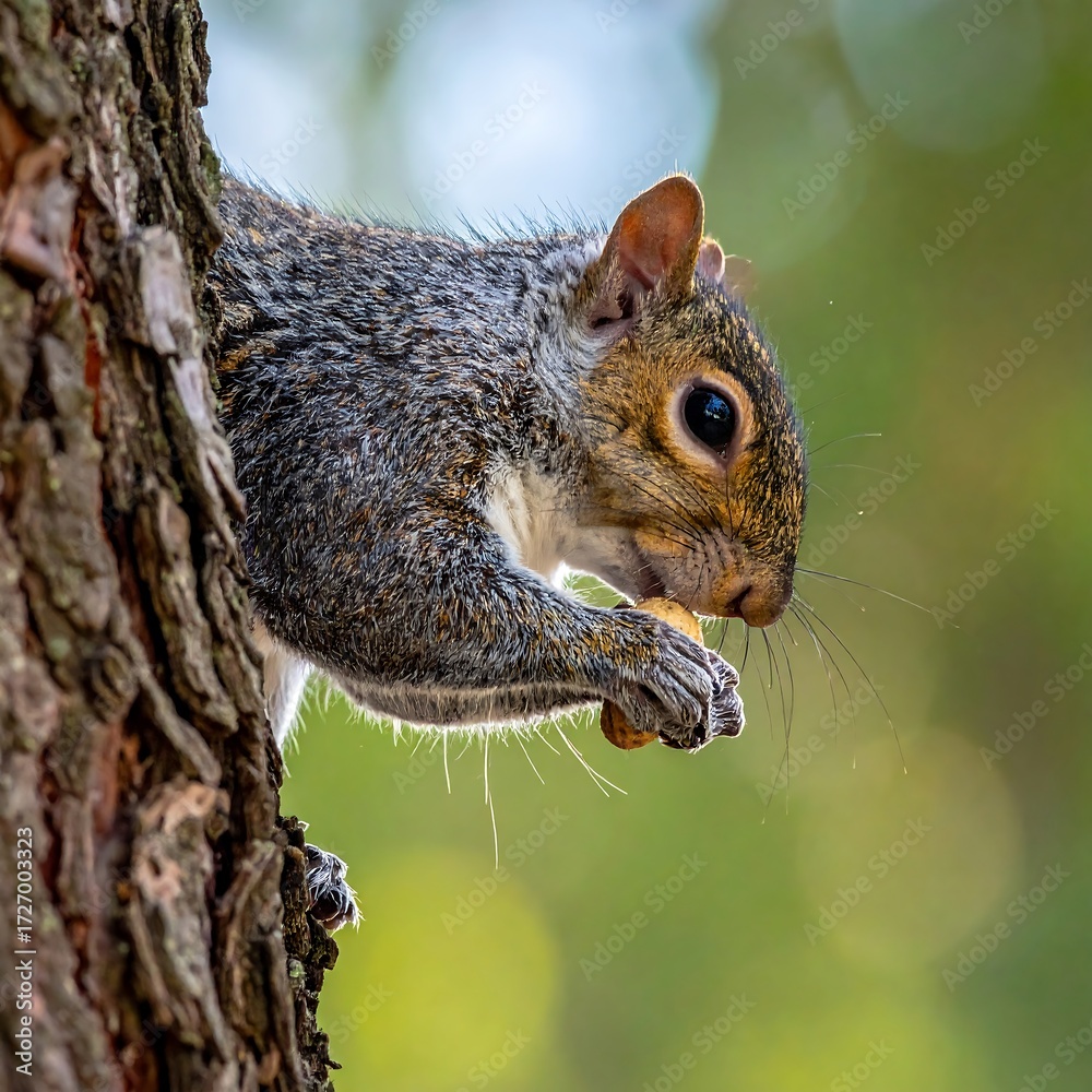 Fototapeta premium A grey squirrel clings to a tree trunk, eating a nut