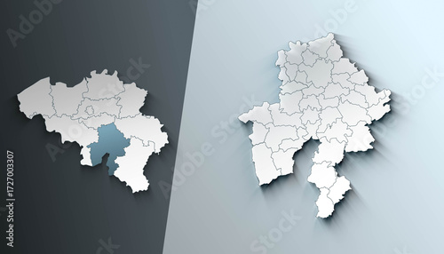 Minimalist 3D Map of Namur Belgium Municipality with District Borders