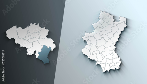Minimalist 3D Map of Luxembourg Belgium Municipality with District Borders