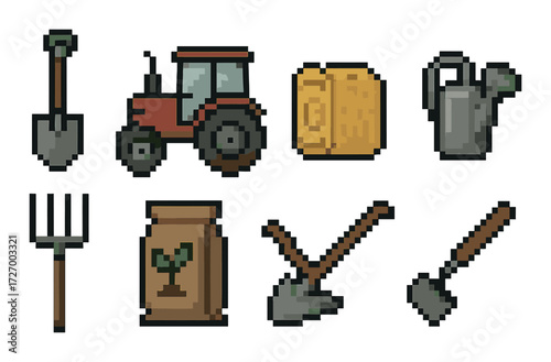 Pixel art farming tools collection: tractor, shovel, watering can, pitchfork