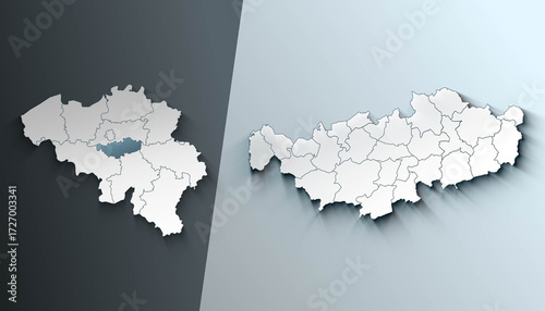 Minimalist 3D Map of Walloon Brabant Belgium Municipality with District Borders