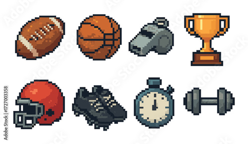 Retro pixel sports icons featuring various equipment and trophy display