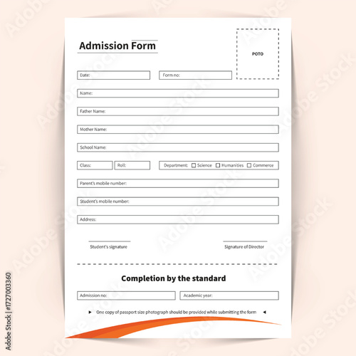 Training Academy Admission Form Layout, School and College Admission Form Template.