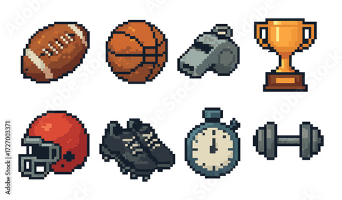 Pixel art sports icons: football, basketball, whistle, trophy, helmet, cleats, stopwatch, dumbbell