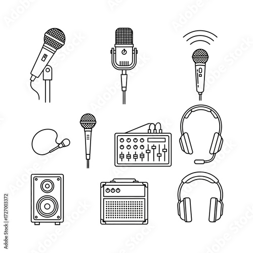 A vector line art collection of audio equipment icons, including microphones, headphones, and a sound mixer for recording and broadcasting
