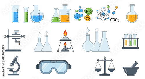 Vector illustration set of chemistry lab icons, including various scientific glassware, research tools, and experiment symbols isolated for design