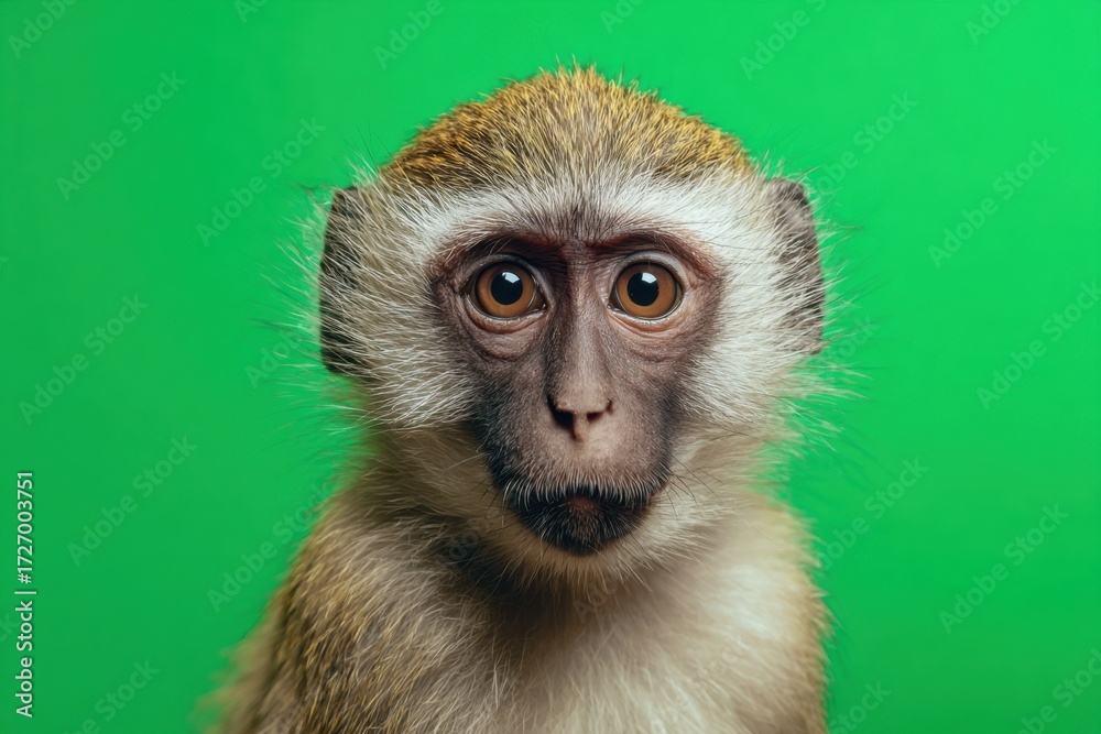 Obraz premium Cute Portrait of monkey isolated on green color background. Funny ape in front looking at the camera. Space for text. Funny animal snout on studio backdrop. Wildlife, African. Wild animals. Copy space
