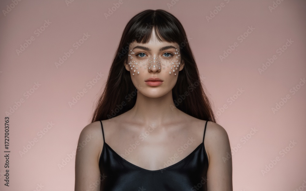 Fototapeta premium Beautiful young woman with creative pearl face makeup on pink background