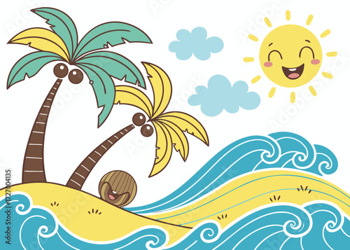 Cartoon tropical island with palm trees, sun and waves