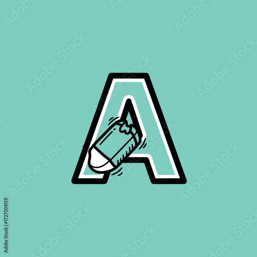 A bold letter A logo featuring a cartoon pencil eraser bouncing inside, on a solid teal background.